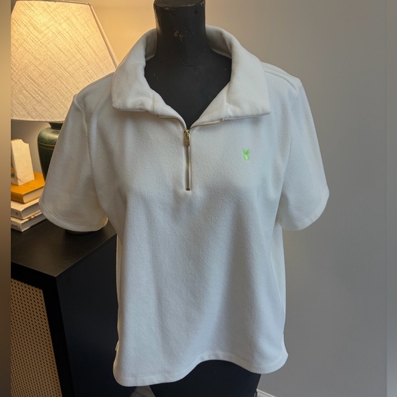 Dudley Stephen’s Cream Ivory Terry Quarter Zip Polo Size Large Quiet Luxury - Picture 4 of 16